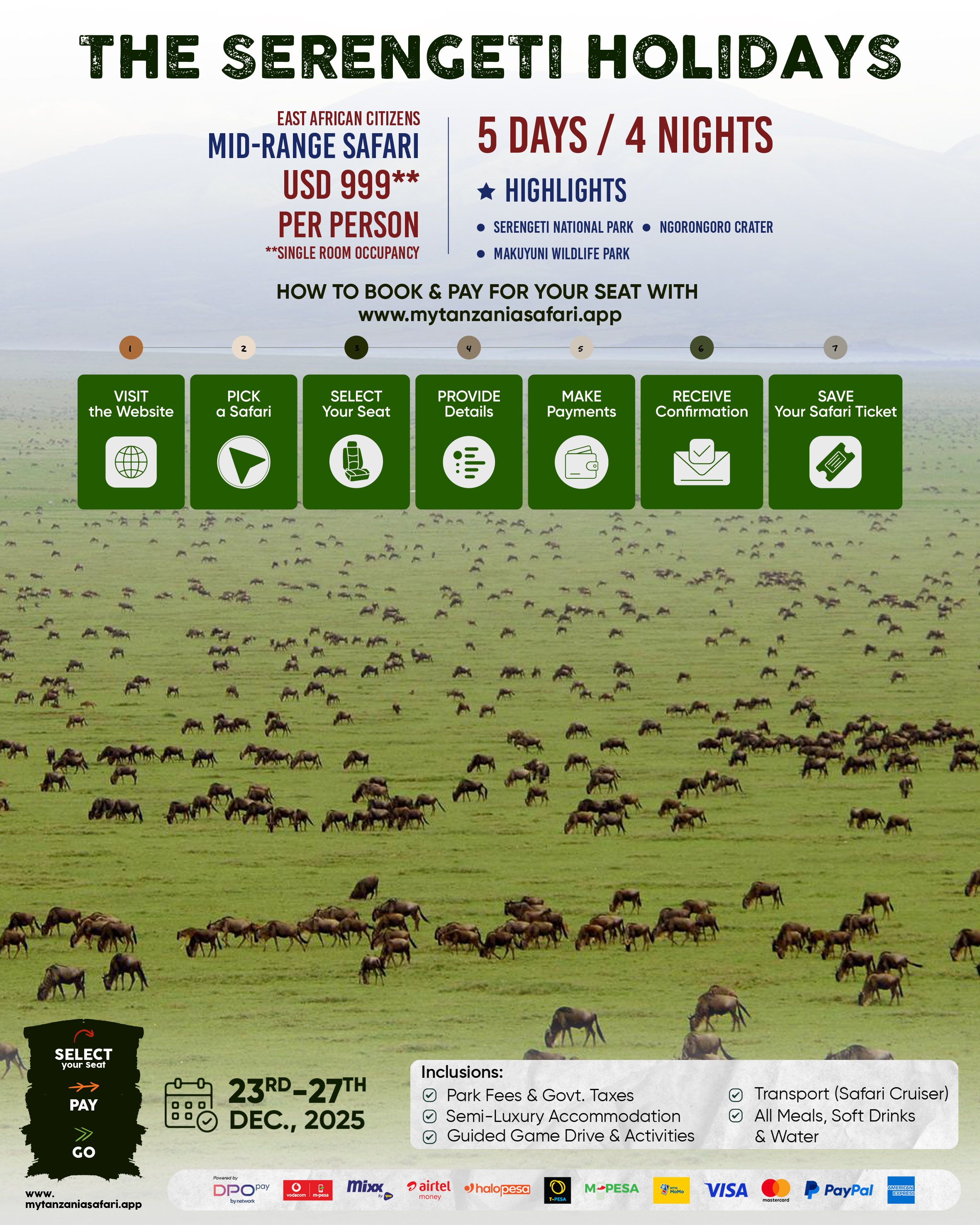 The Serengeti Holidays - 5Days/4Nights (Single Room Occupancy)