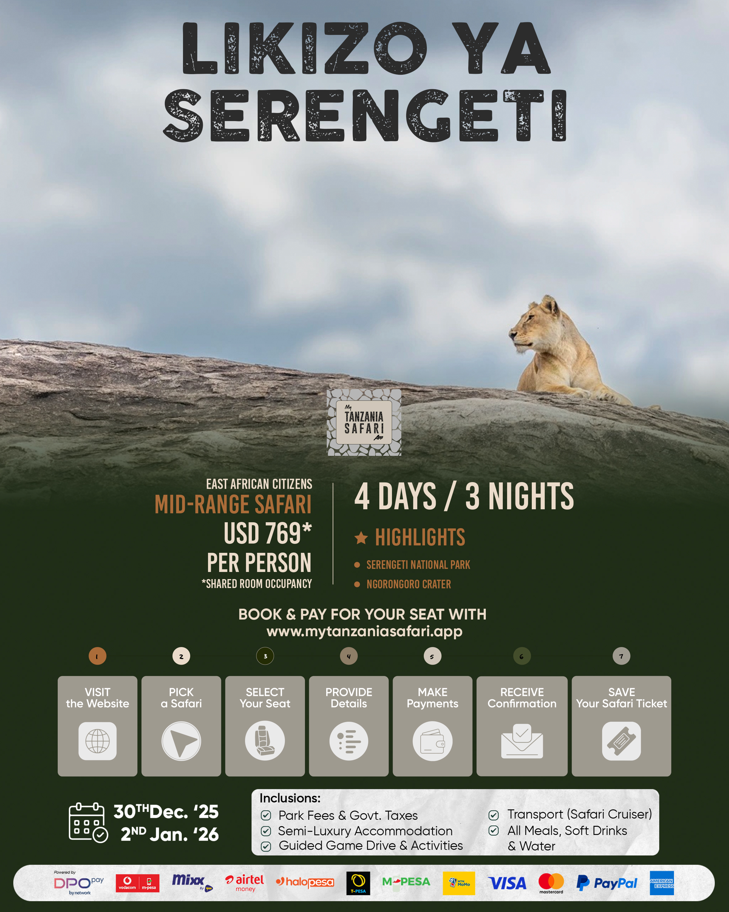 Likizo ya Serengeti - 4Days/3Nights (Shared Accommodation)