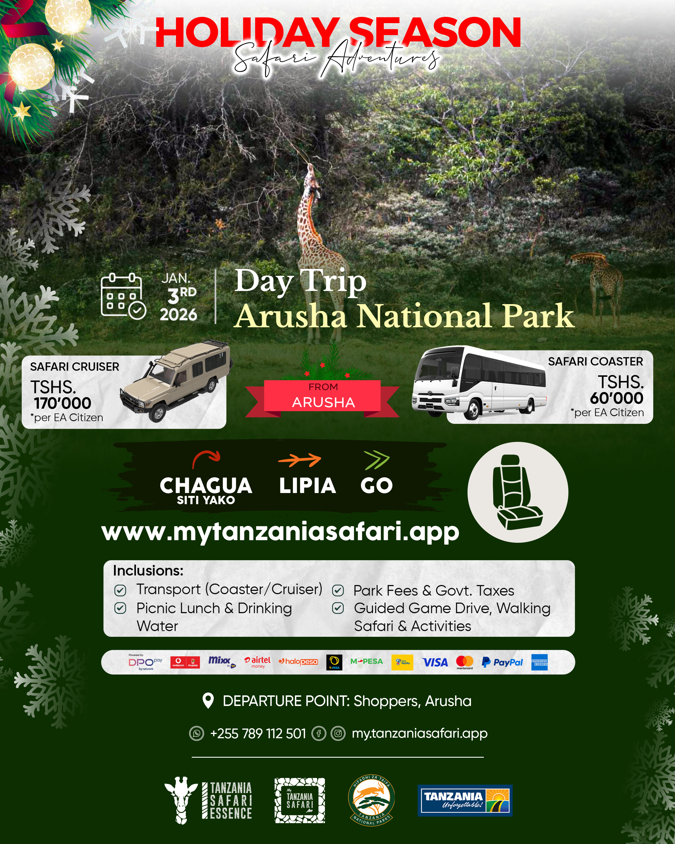 Safari ya Siku 1 - Hifadhi ya Taifa Arusha (kutokea Arusha Mjini)