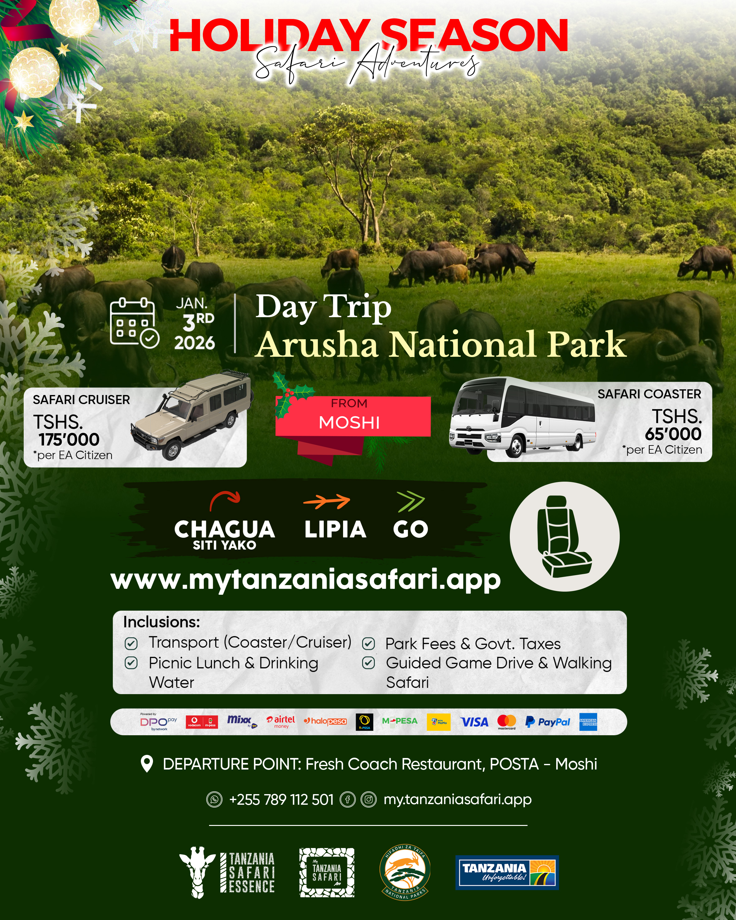 Sat. Jan 3rd Day Trip - Arusha National Park (from Moshi)